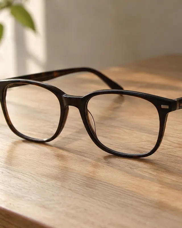 Montura de acetato sobre mesa de madera