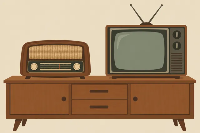 Radio de mesa y televisor de tubo sobre un mueble